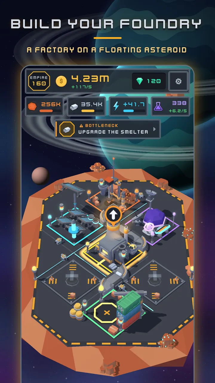 Build your foundry: the whole base on the asteroid with the resource bar and the bottleneck hint "Upgrade the Smelter"