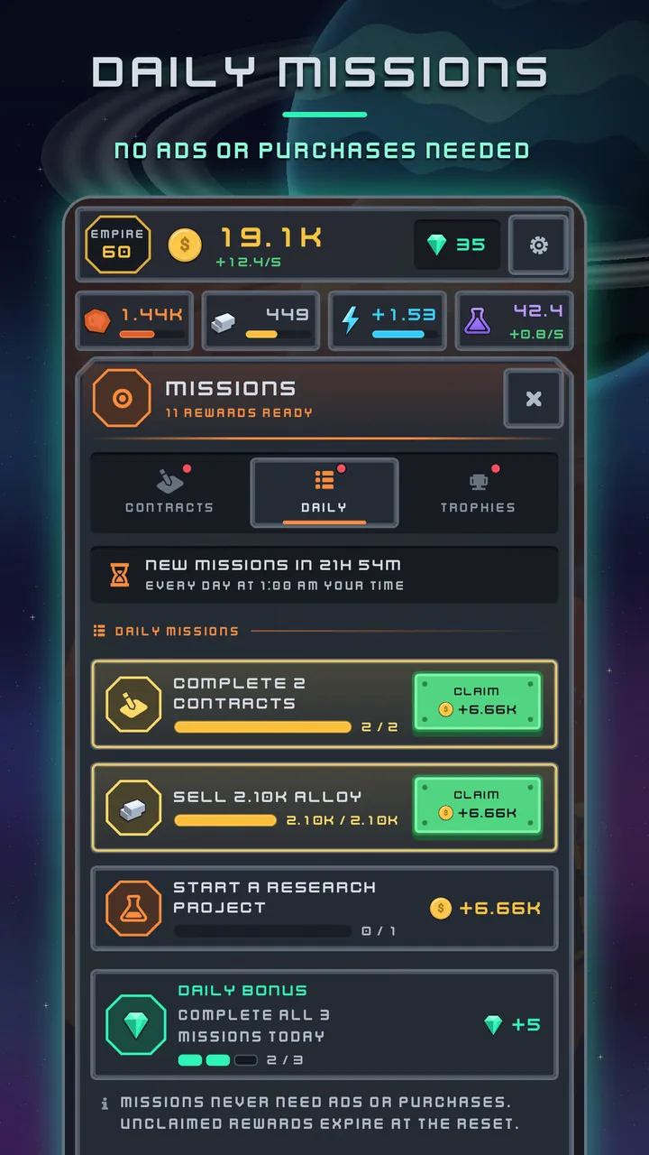 Daily missions: three missions and the daily bonus, with the note that missions never need ads or purchases